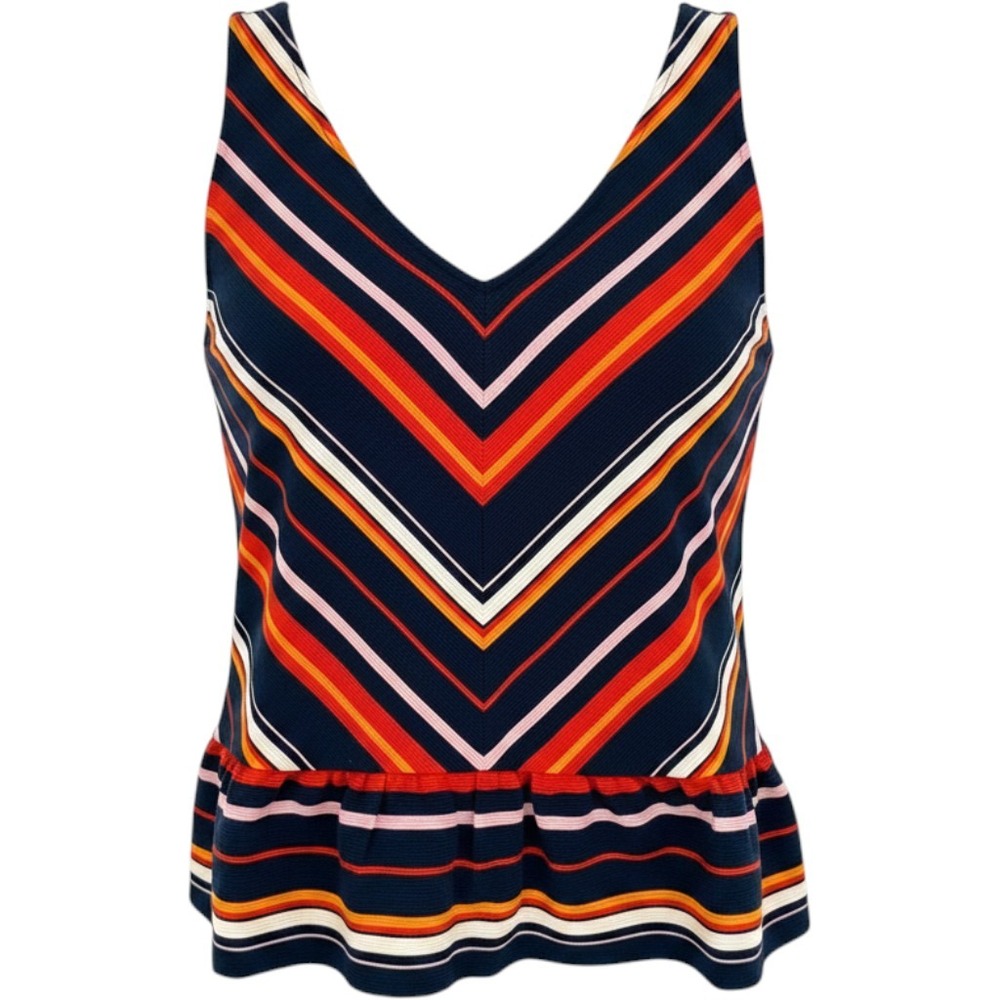 Paris Sunday Peplum Tank Top Womens L Navy Multi Chevron V-Neck Retro Mod Career